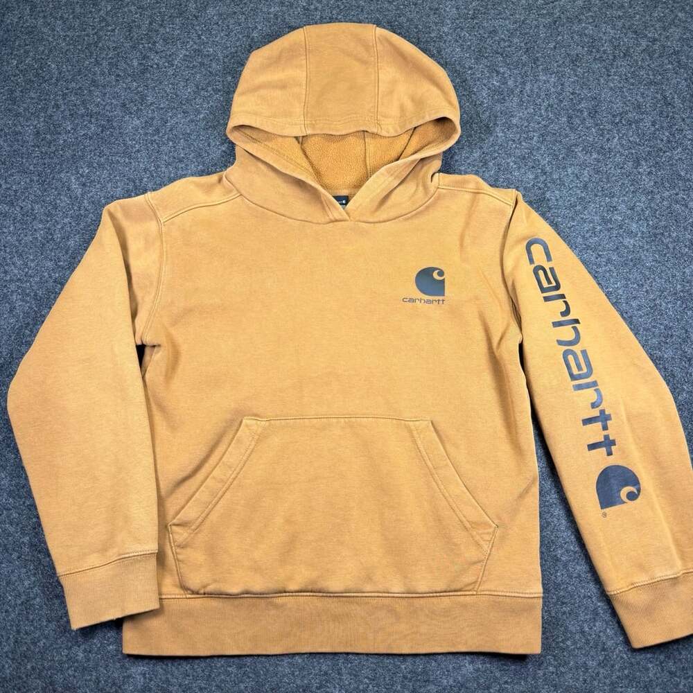 Youth Carhartt Brown Pullover Hoodie Sweatshirt with Sleeve Logo and Chest Graph